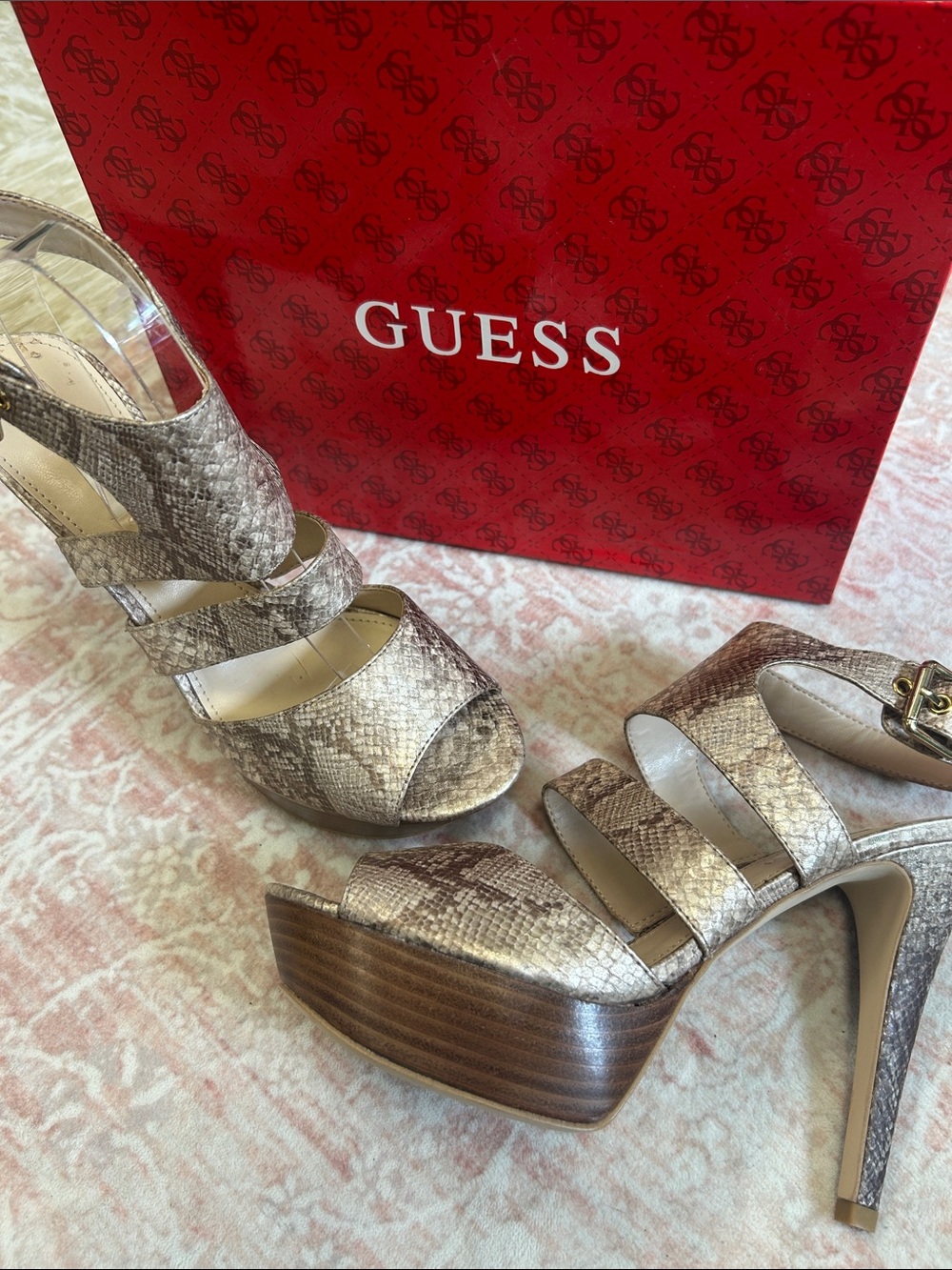 EUC GUESS Metallic Snake-Print Platform Sandals in Taupe